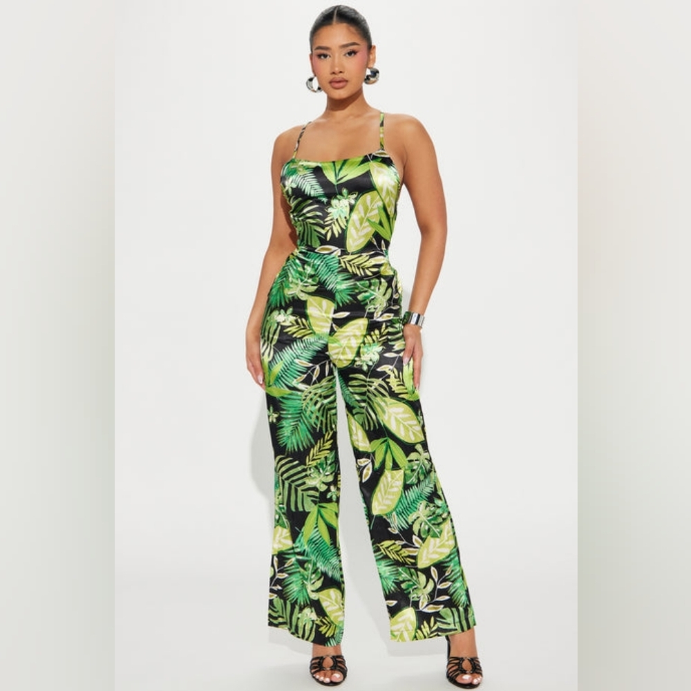 Aligned With You Satin Green Jumpsuit Tropical Fashion Nova